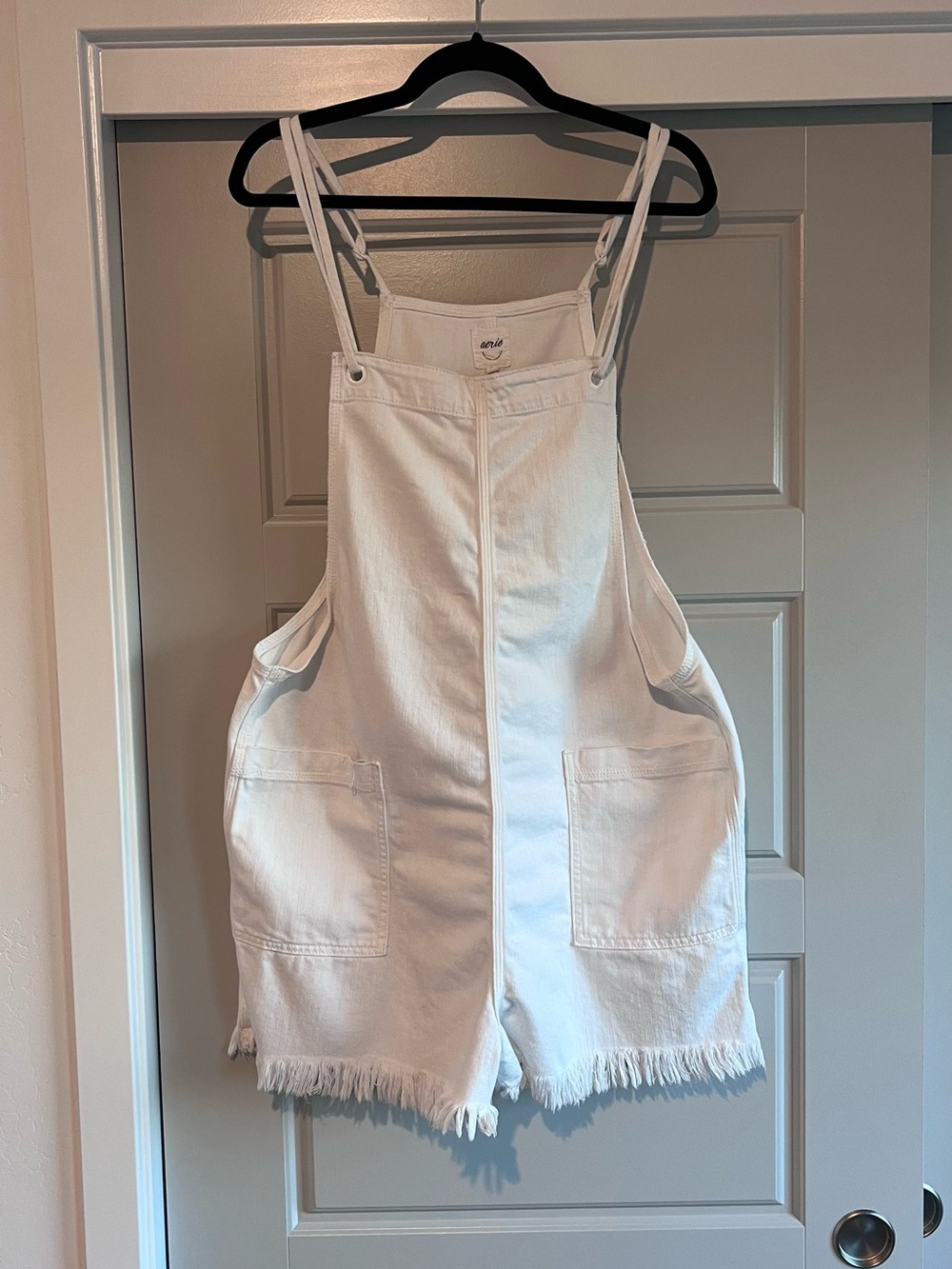 aerie White Denim Overall Romper with Frayed Hem
